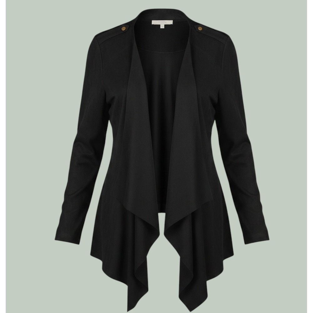 Yesta Black Faux Suede Waterfall Draped Open Front Cardigan Jacket Womens 16W